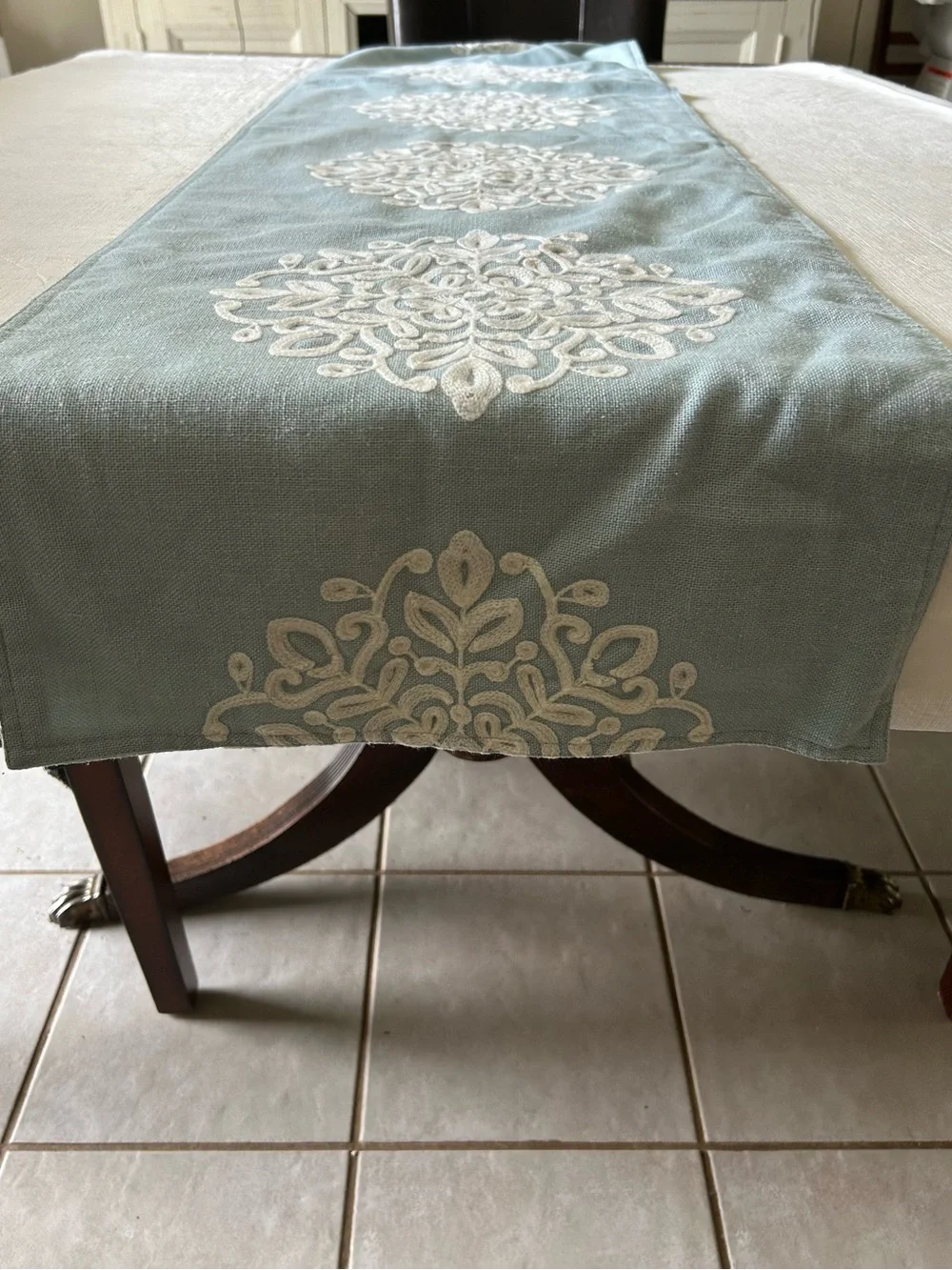 Embroidered Table Runner in Aqua & White. 80” x 15-1/2”. Lined. VGUC.